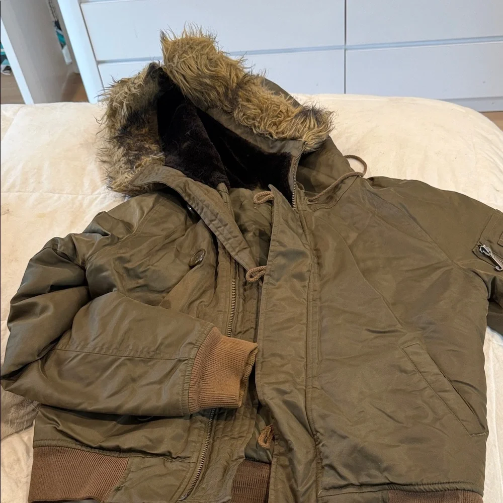 Olive Green Hooded Jacket with Faux Fur Trim- Juicy - Picture 1 of 2
